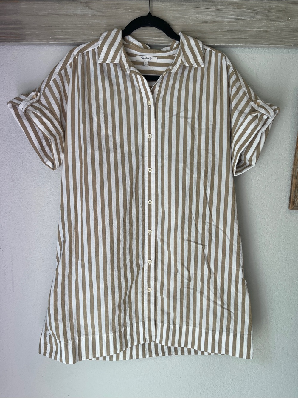 Madewell Tan White Striped Button Down Shirt Women's Medium Casual Coastal